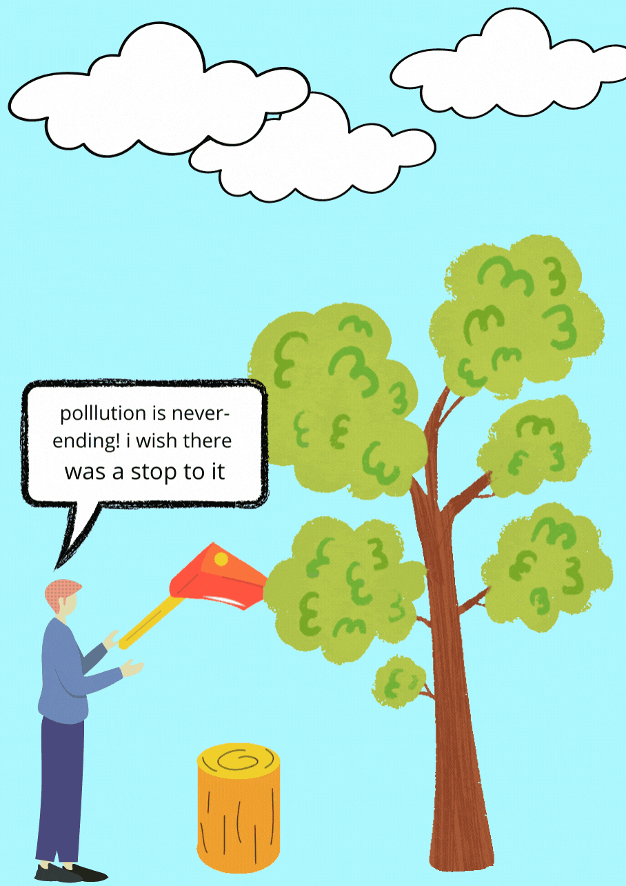An animated image of a man holding a large red axe and chopping a tree stump as he says,”Pollution is never-ending, I wish there was a way to stop it.” Next to him is a swaying tree. This is followed by an animated image of a woman framed in a window as she waters a cactus on the sill. She says “Why does water not affect its growth?” Paralelly, a smiling boy wearing a hat and blue shorts is crouching outside the window. “Why are you not growing?” he asks, as he tends to a sapling beside a plastic bag.